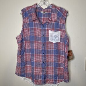Ruff Hewn Plaid Lace Sleeveless Womens Shirt Red/Blue/White Sz X Large